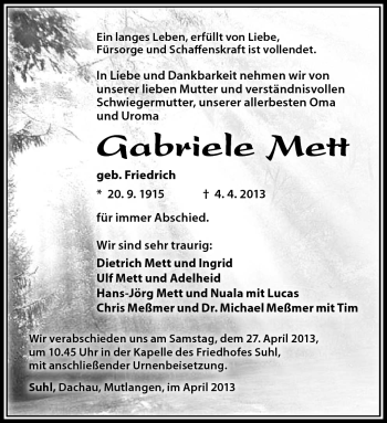 Traueranzeige von Gabriele Mett von Südthüringer Presse