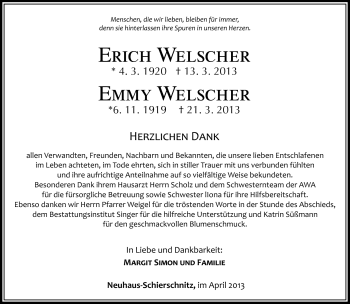 Traueranzeige von Erich und Emmy Welscher von Südthüringer Presse