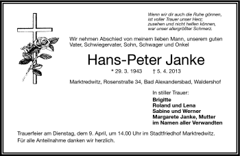 Traueranzeige von Hans-Peter Janke von Frankenpost