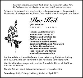 Traueranzeige von Ilse Keil von Südthüringer Presse