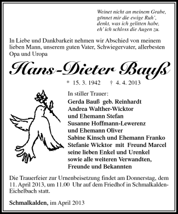 Traueranzeige von Hans-Dieter Bauß von Südthüringer Presse
