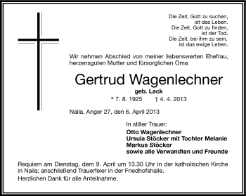 Traueranzeige von Gertrud Wagenlechner von Frankenpost