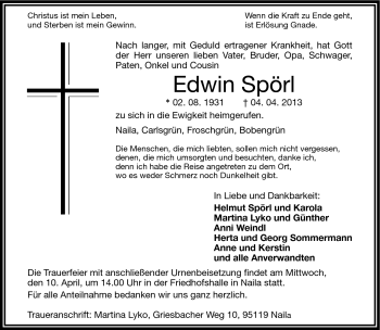 Traueranzeige von Edwin Spörl von Frankenpost