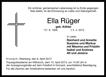 Traueranzeige von Ella Rüger von Neue Presse Coburg