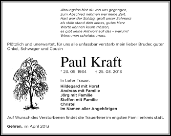 Traueranzeige von Paul Kraft von Südthüringer Presse