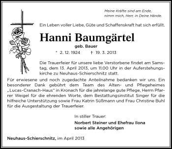 Traueranzeige von Hanni Baumgärtel von Südthüringer Presse