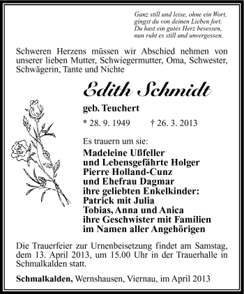 Traueranzeige von Edith Schmidt von Südthüringer Presse