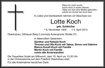 Traueranzeige von Lotte Koch von Frankenpost