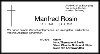 Traueranzeige von Manfred Rosin von Frankenpost