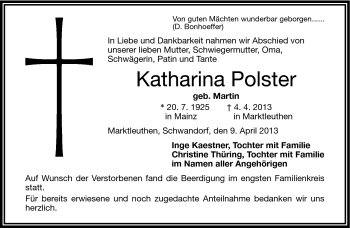 Traueranzeige von Katharina Polster von Frankenpost