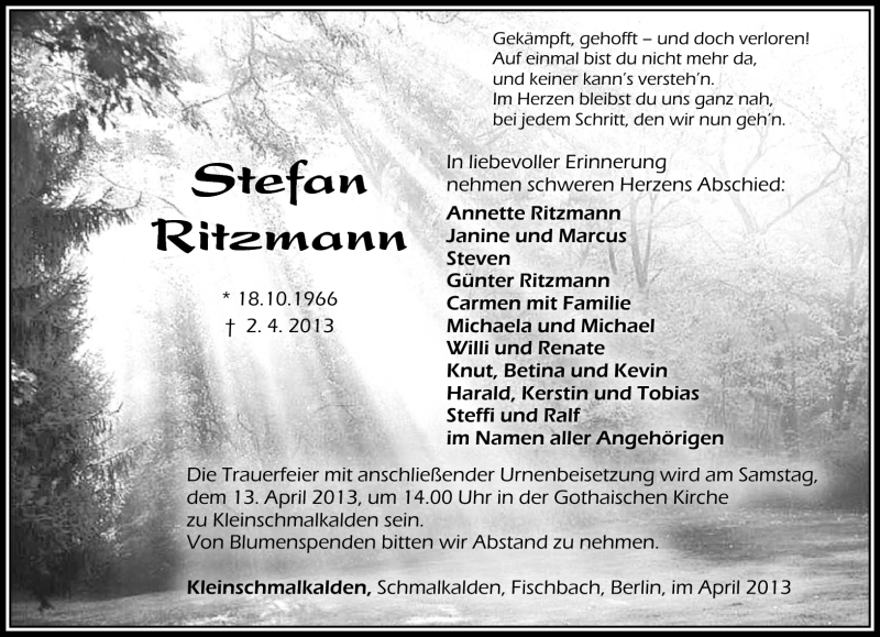  Traueranzeige für Stefan Ritzmann vom 09.04.2013 aus Südthüringer Presse