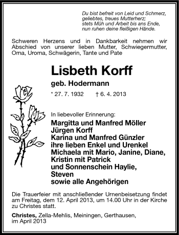 Traueranzeige von Lisbeth Korff von Südthüringer Presse