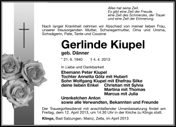 Traueranzeige von Gerlinde Kiupel von Südthüringer Presse