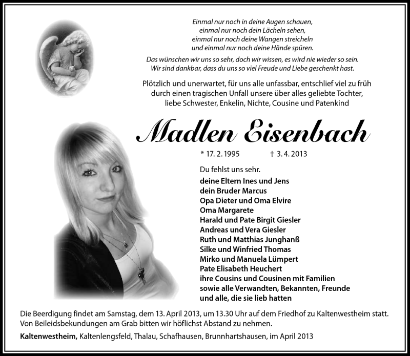  Traueranzeige für Madlen Eisenbach vom 10.04.2013 aus Südthüringer Presse