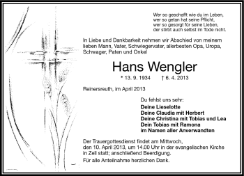 Traueranzeige von Hans Wengler von Frankenpost
