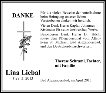 Traueranzeige von Lina Liebal von Frankenpost