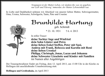 Traueranzeige von Brunhilde Hartung von Südthüringer Presse