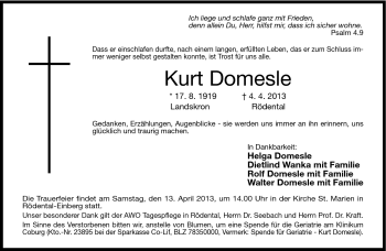 Traueranzeige von Kurt Domesle von Neue Presse Coburg