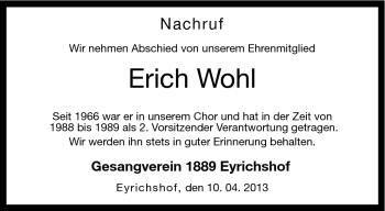 Traueranzeige von Erich Wohl von Neue Presse Coburg