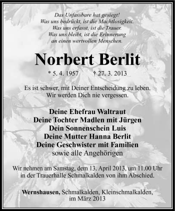 Traueranzeige von Norbert Berlit von Südthüringer Presse
