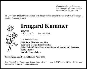 Traueranzeige von Irmgard Kummer von Südthüringer Presse
