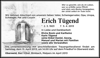Traueranzeige von Erich Tügend von Südthüringer Presse
