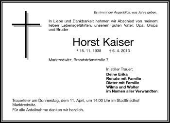 Traueranzeige von Horst Kaiser von Frankenpost