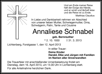 Traueranzeige von Annaliese Schnabel von Frankenpost