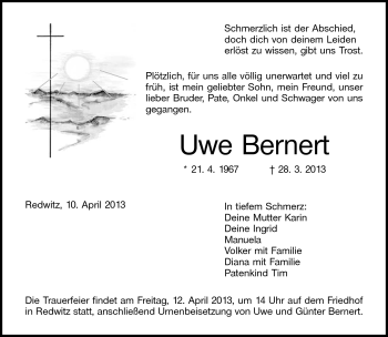 Traueranzeige von Uwe Bernert von Neue Presse Coburg