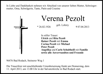 Traueranzeige von Verena Pezolt von Neue Presse Coburg