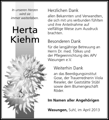 Traueranzeige von Herta Kiehm von Südthüringer Presse