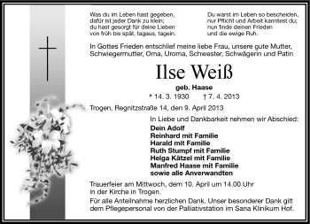 Traueranzeige von Ilse Weiß von Frankenpost