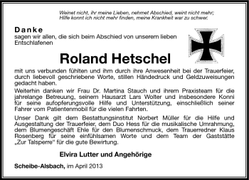 Traueranzeige von Roland Hetschel von Südthüringer Presse