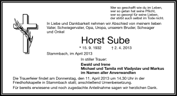 Traueranzeige von Horst Sube von Frankenpost