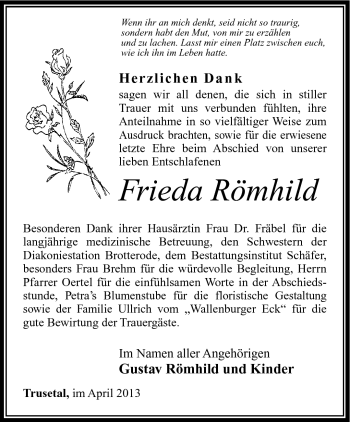 Traueranzeige von Frieda Römhild von Südthüringer Presse