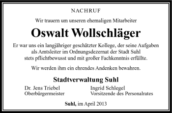 Traueranzeige von Oswalt Wollschläger von Südthüringer Presse