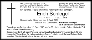 Traueranzeige von Erich Schlegel von Frankenpost