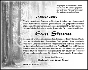 Traueranzeige von Eva Sturm von Südthüringer Presse