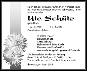 Traueranzeige von Ute Schütz von Südthüringer Presse