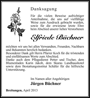Traueranzeige von Elfriede Büchner von Südthüringer Presse