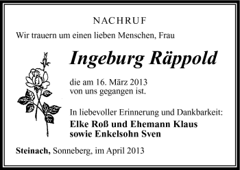 Traueranzeige von Ingeburg Räppold von Südthüringer Presse