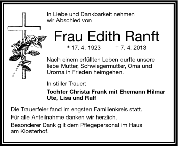 Traueranzeige von Edith Ranft von Frankenpost