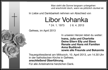 Traueranzeige von Libor Vohanka von Frankenpost