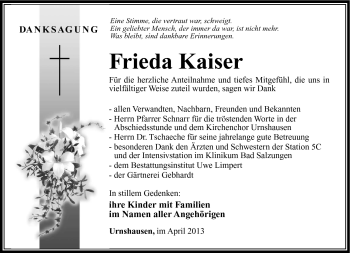 Traueranzeige von Frieda Kaiser von Südthüringer Presse