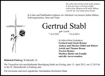Traueranzeige von Gertrud Stabl von Neue Presse Coburg