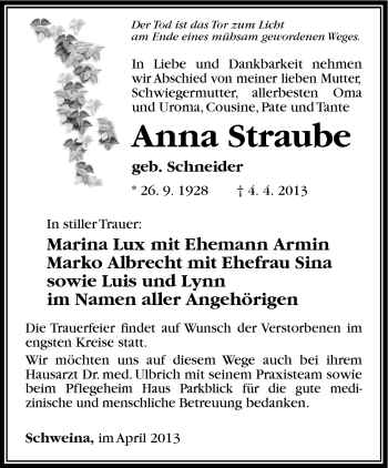Traueranzeige von Anna Straube von Südthüringer Presse