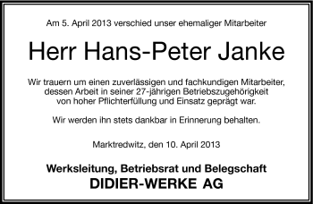 Traueranzeige von Hans-Peter Janke von Frankenpost