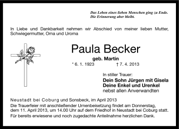 Traueranzeige von Paula Becker von Neue Presse Coburg