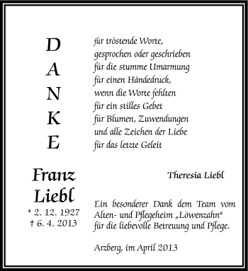 Traueranzeige von Franz Liebl von Frankenpost