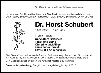 Traueranzeige von Horst Schubert von Südthüringer Presse